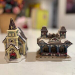 2 Christmas Village Pieces, Church & Train Station